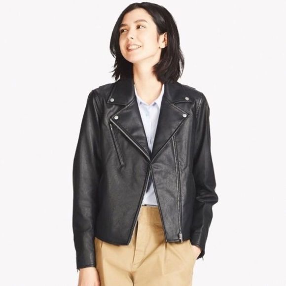 Uniqlo Black Faux Leather Moto Jacket Size L - Picture 1 of 6